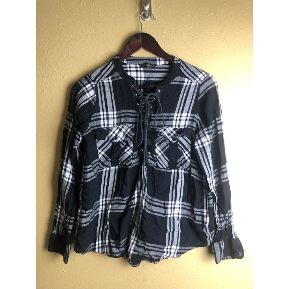 Express Womens Black & White Plaid String Chest Closure Flannel Shirt size M